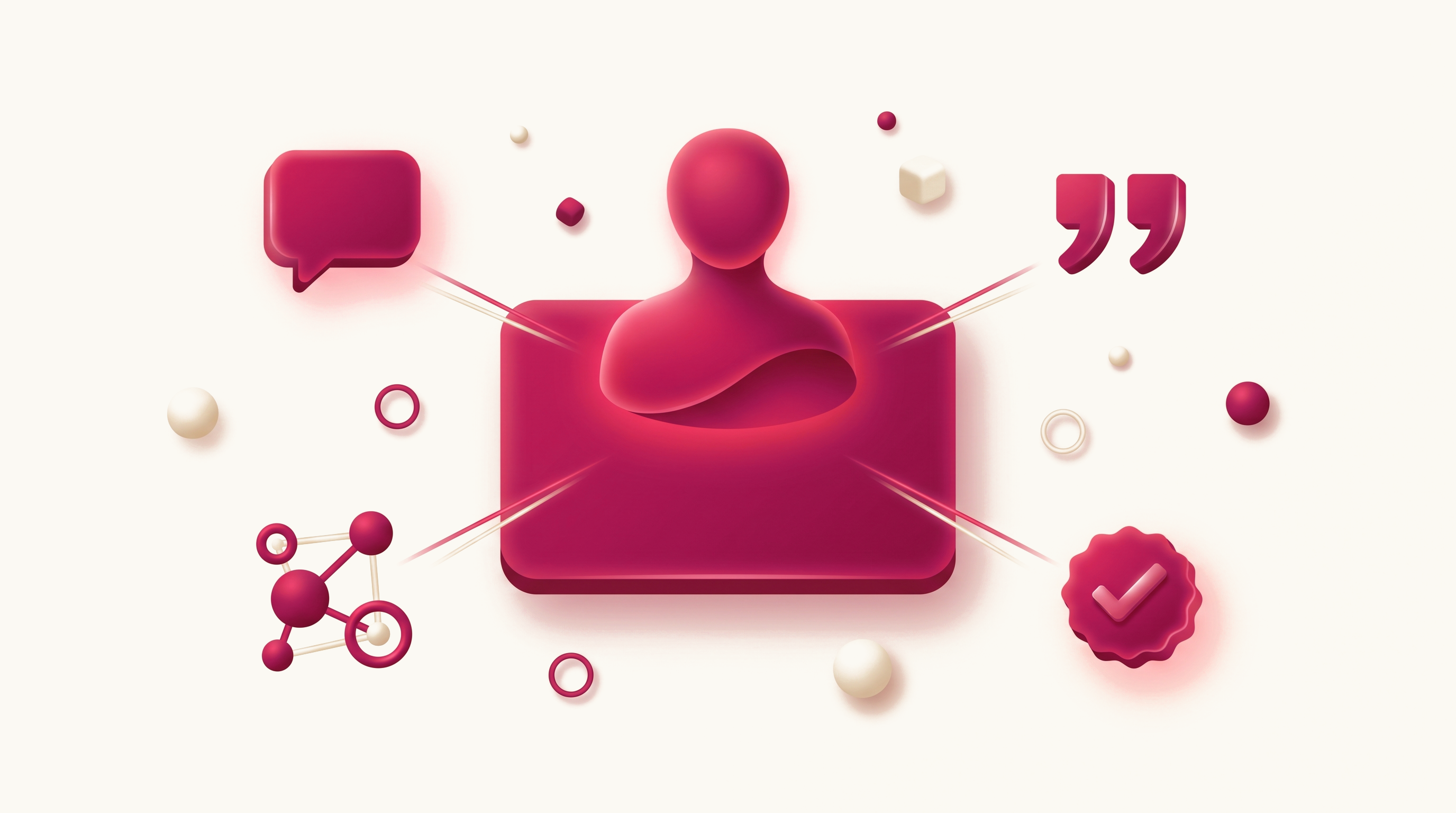 Abstract illustration of a profile card with a silhouette rising behind it, connected to icons representing expert commentary, quotes, and professional credibility.