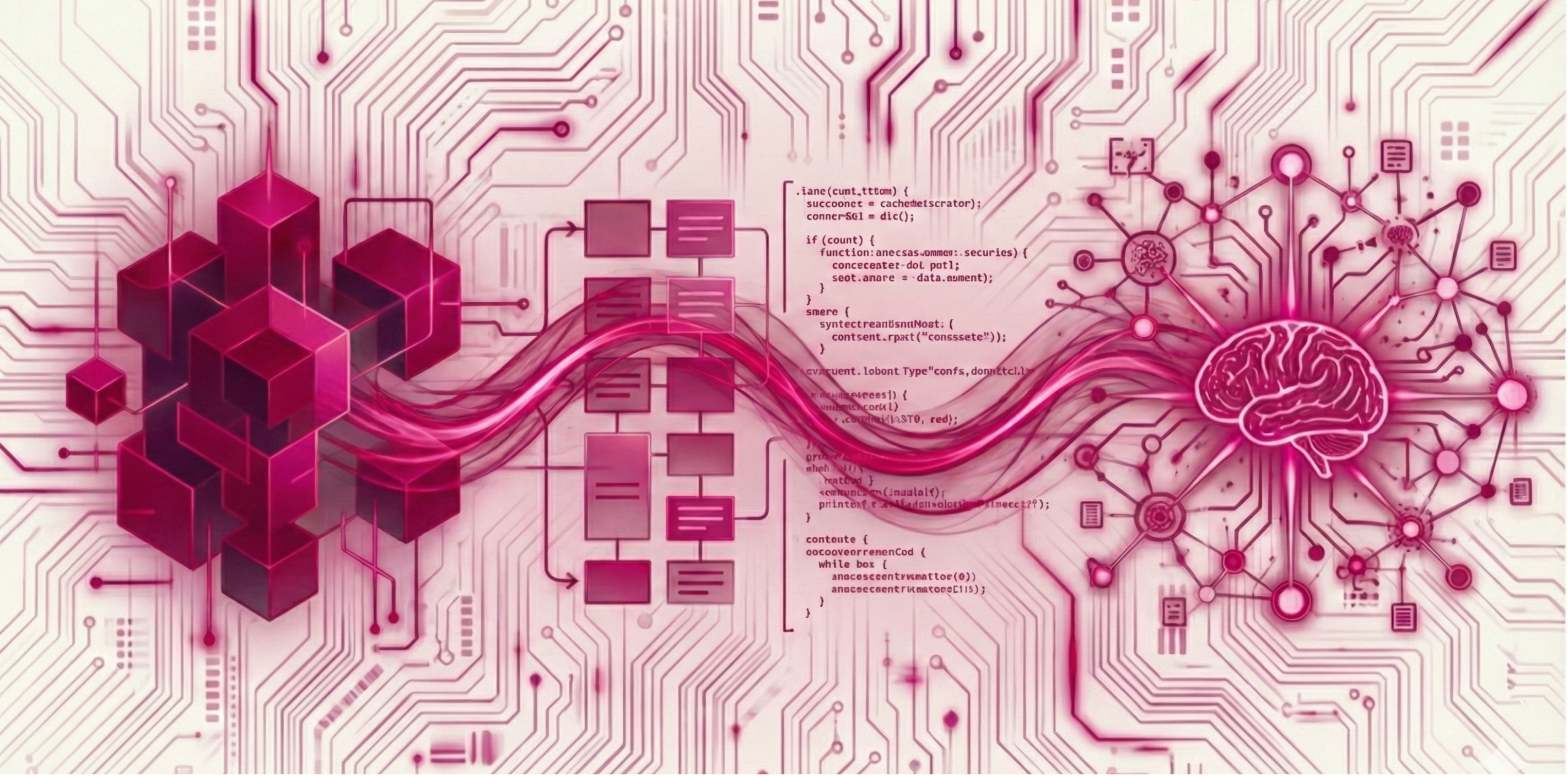 An abstract digital illustration showing the journey from structured no-code building blocks on the left, through a low-code flowchart and programming interface in the center, to an AI-powered brain network on the right, connected by a flowing pink data stream on a circuit board background.