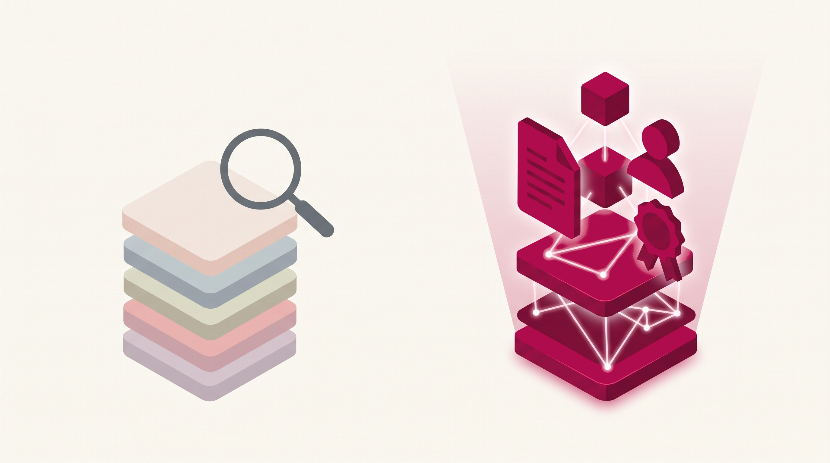 Abstract illustration contrasting a flat stack of repetitive shapes with a magnifying glass, representing old keyword SEO, against a taller glowing structure of varied 3D shapes representing trust and evidence-based visibility.
