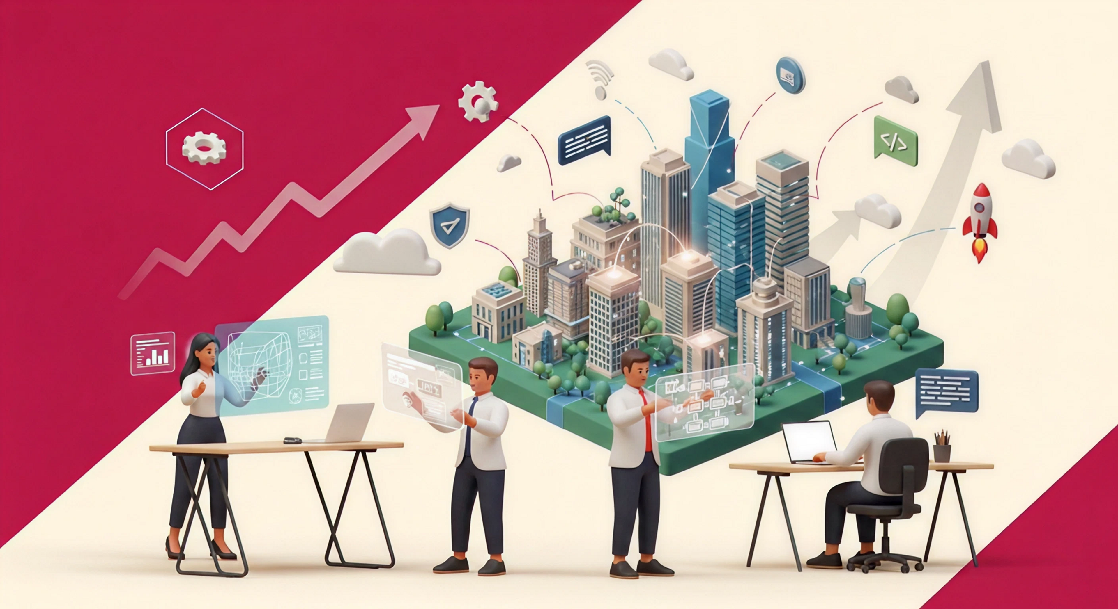 A 2D/3D hybrid illustration showing a diverse team of four tech professionals working in a modern studio — a woman interacting with a holographic UI wireframe, a man reviewing a floating architecture diagram, and a third person at a workstation. Behind them, an isometric city grid of startups and enterprises rises, connected by glowing magenta data pipelines and network nodes. Floating icons including a gear, cloud, shield, and rocket orbit the scene. The color palette features deep magenta accents on a warm off-white background.