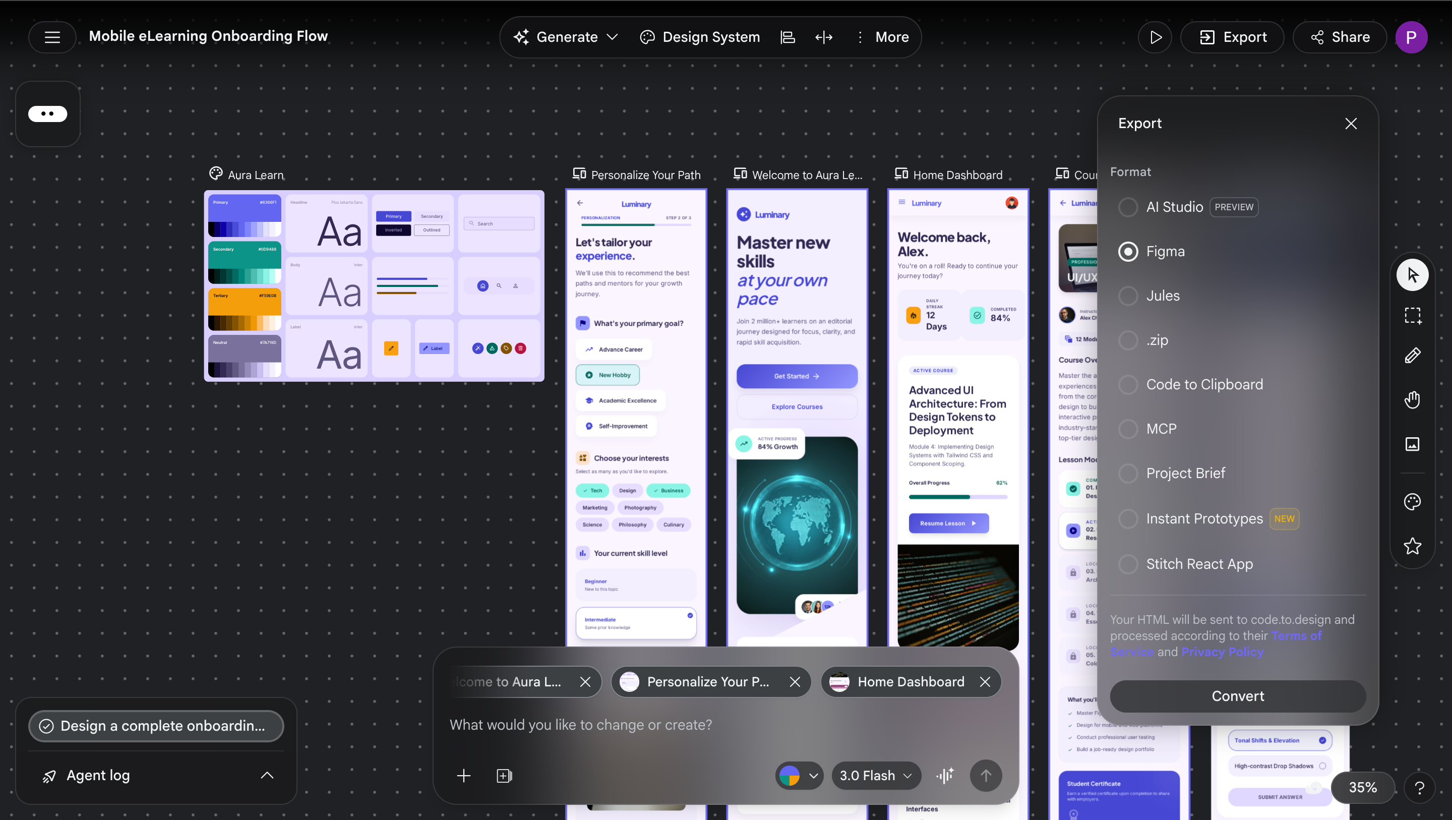 Screenshot of the Google Stitch export panel open over a multi-screen eLearning project, showing export format options including AI Studio, Figma, Jules, .zip, Code to Clipboard, MCP, Project Brief, Instant Prototypes, and Stitch React App, with Figma currently selected.