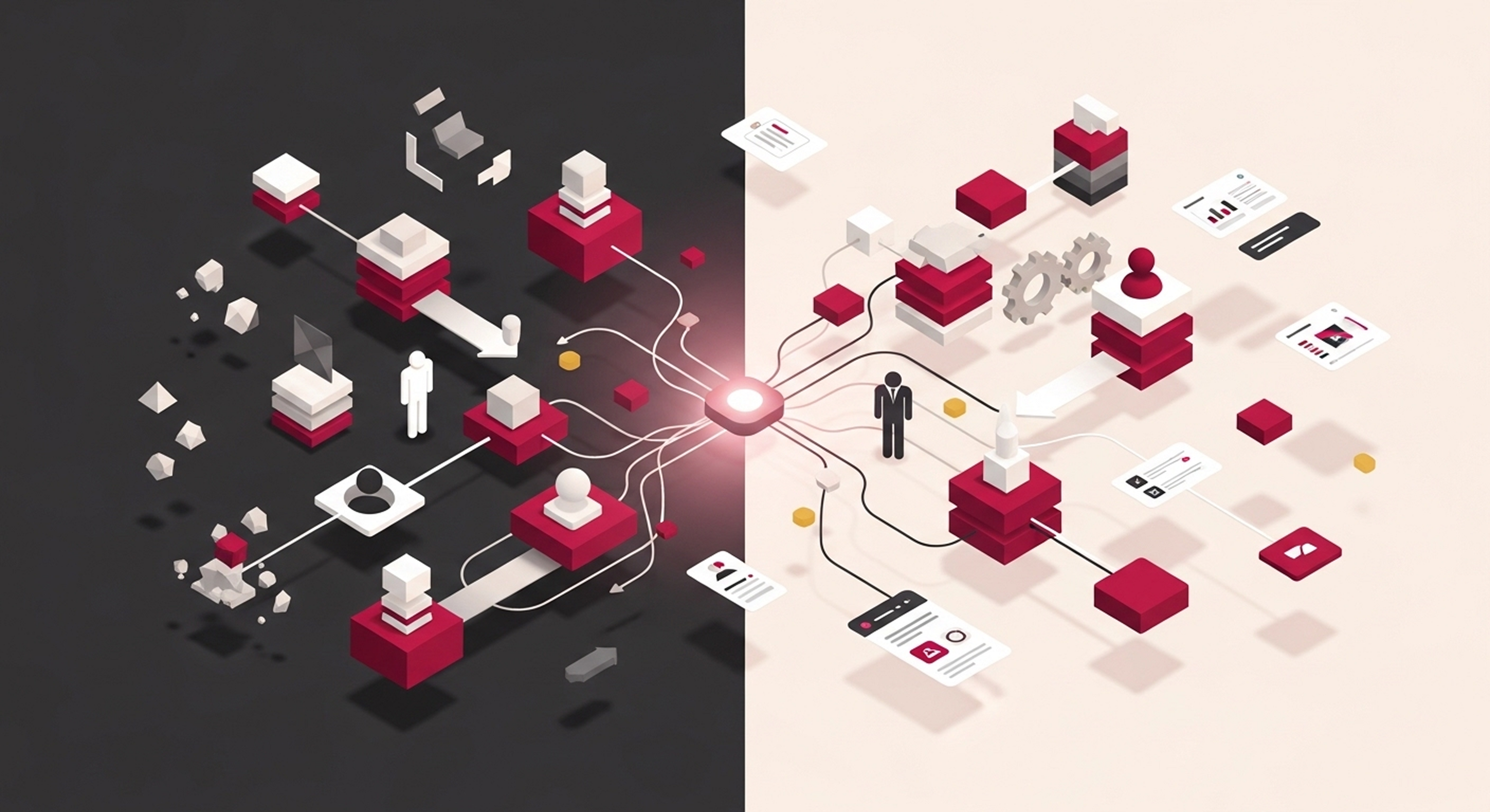 An abstract graphic split into two zones: the left shows scattered and disconnected geometric shapes, representing business chaos, while the right shows the same shapes reorganizing into a clean, connected network, symbolizing the transformation that workflow automation brings to a growing business.