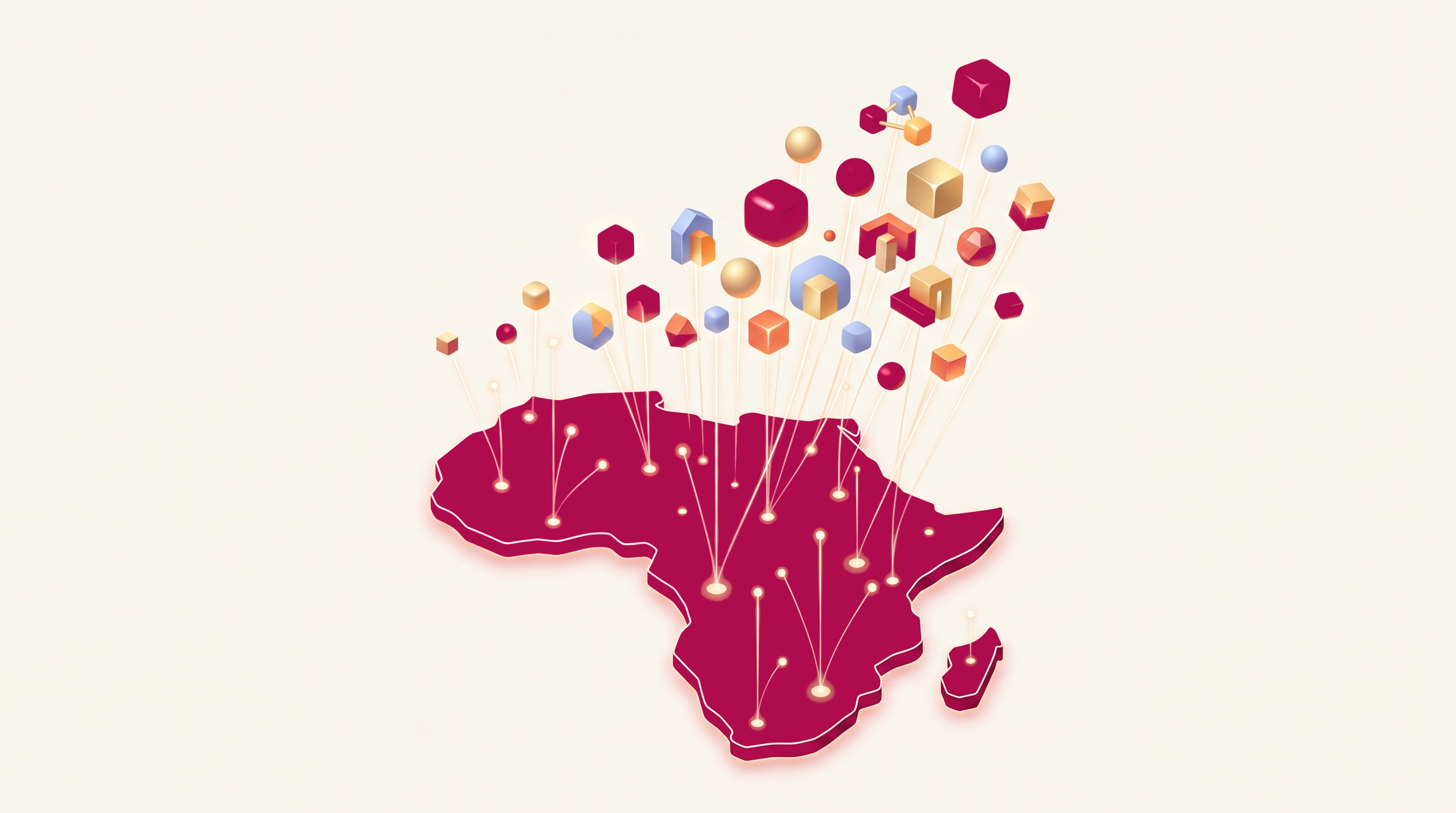Abstract illustration of the African continent shape with glowing nodes rising into 3D geometric forms, symbolizing emerging business visibility and growth.