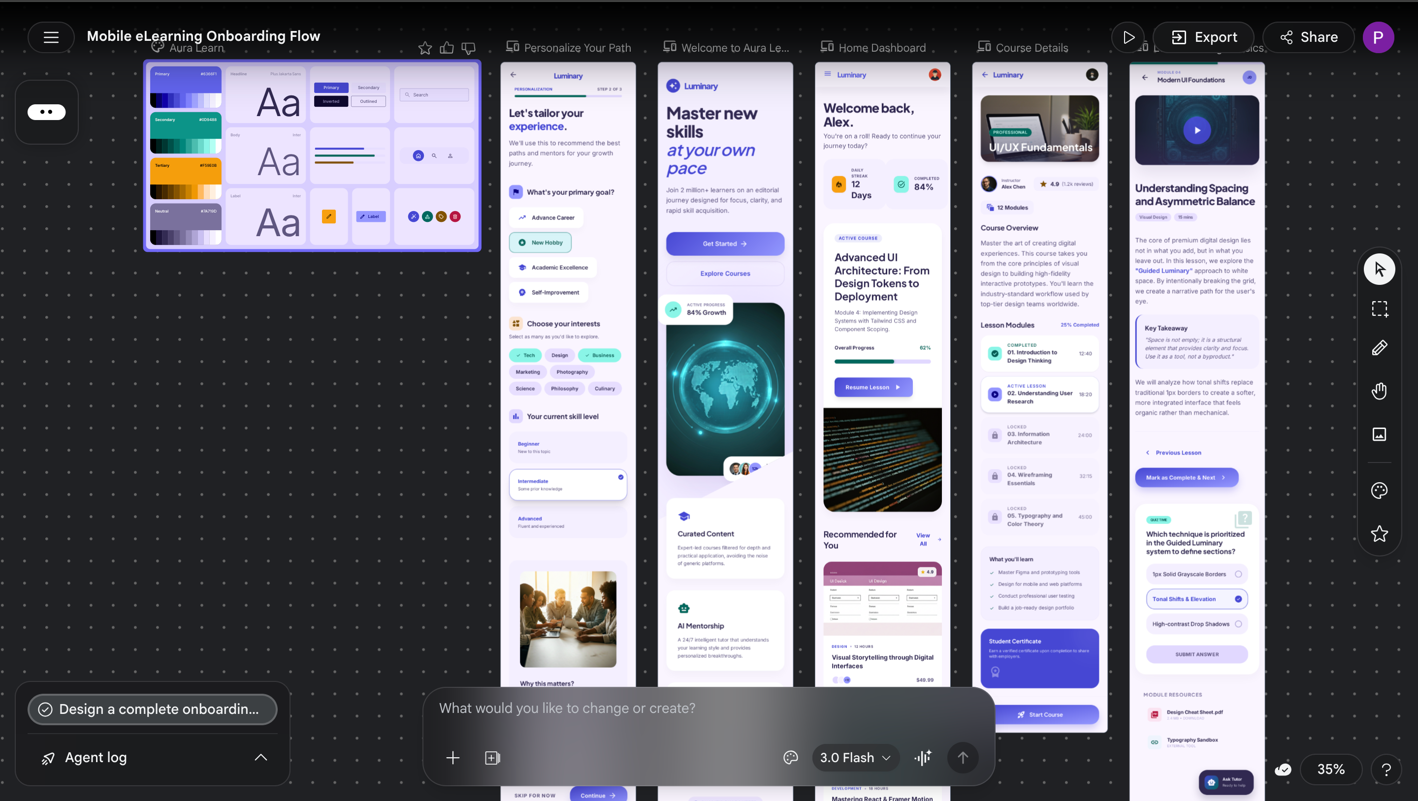 Screenshot of a Google Stitch project called "Mobile eLearning Onboarding Flow" showing five generated app screens for a platform called Luminary, including a personalization step, welcome screen, home dashboard, course details page, and a lesson view with quiz interaction.