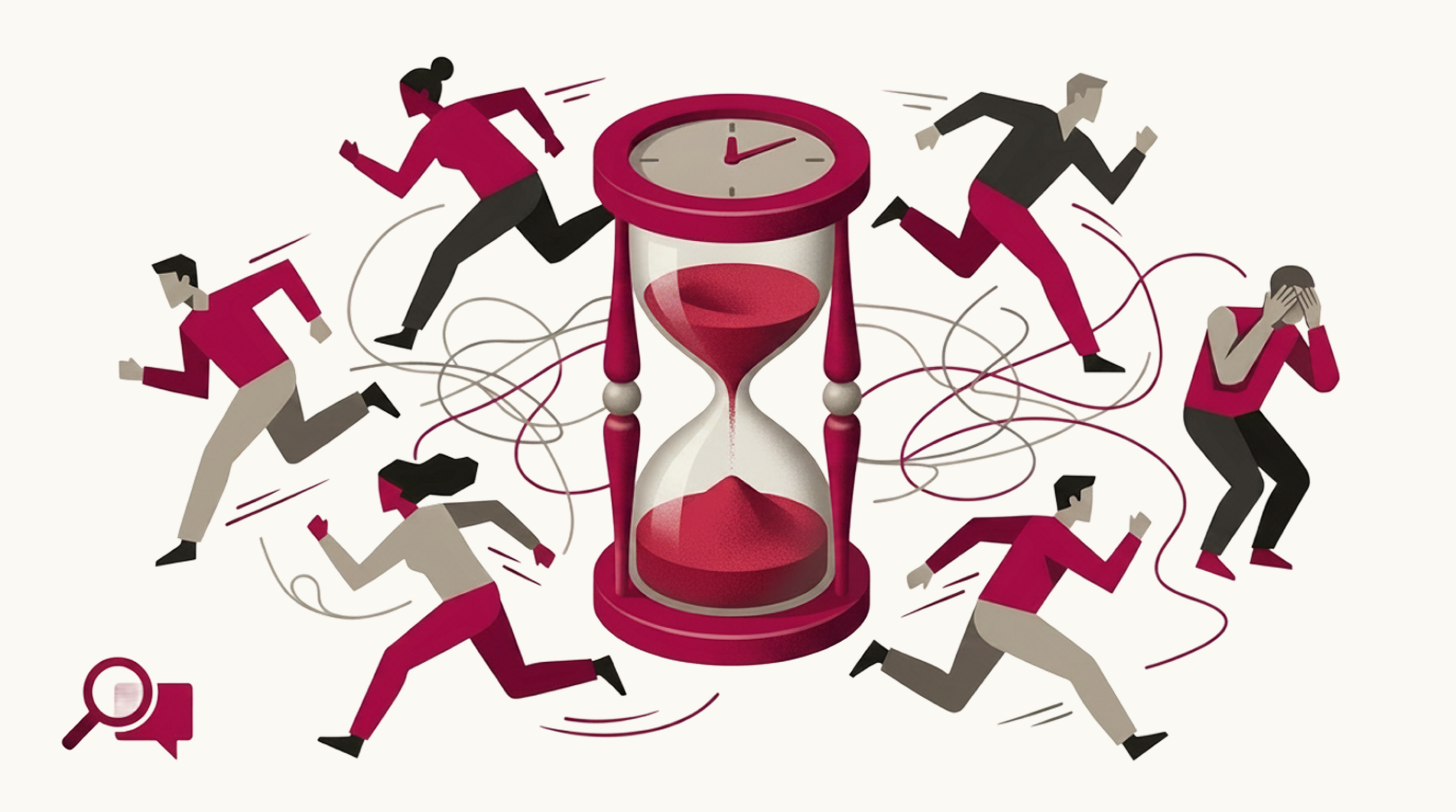 Abstract illustration of rushing team figures ignoring a research icon beside a bold crimson hourglass, representing why product teams skip user research under deadline pressure.