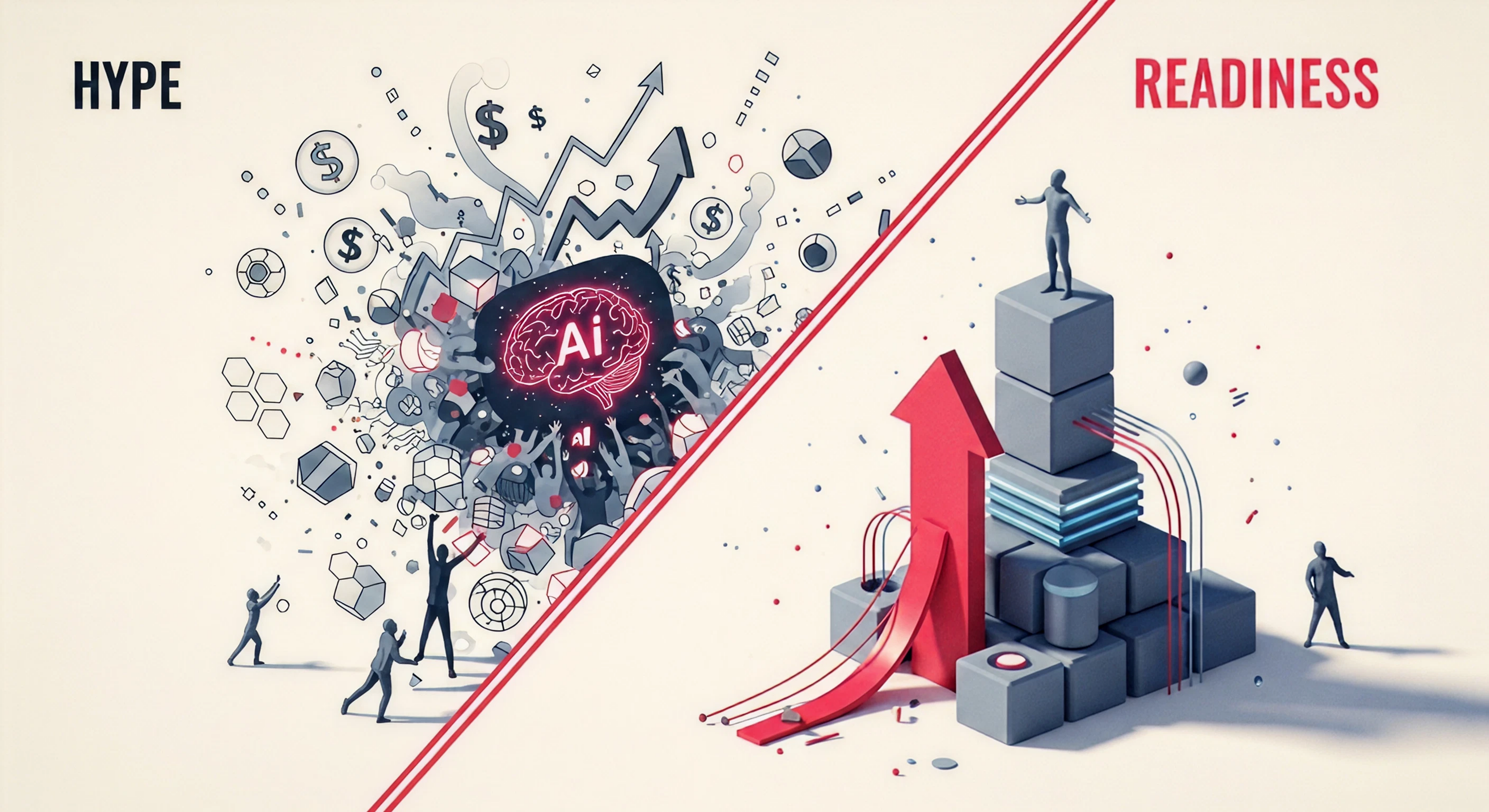 Abstract editorial illustration split diagonally into two zones. The left side shows chaotic, hollow geometric shapes and dissolving graphs representing AI hype. The right side shows a solid, structured architectural form with a bold crimson arrow rising upward, representing genuine AI readiness.