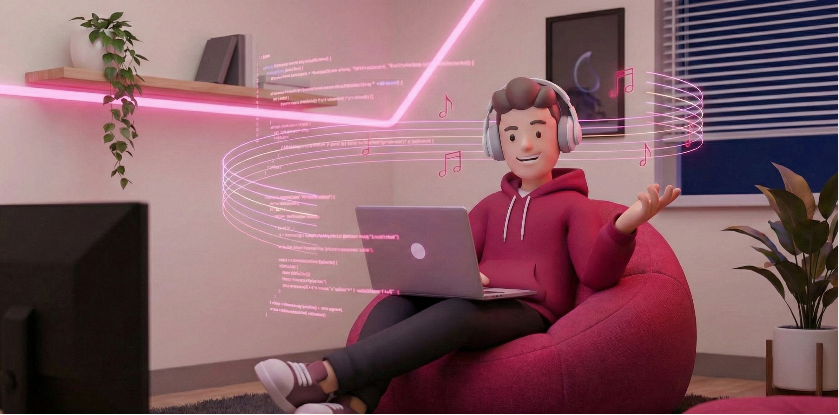 An illustration showing a programmer writing code while listening to music on his headset.